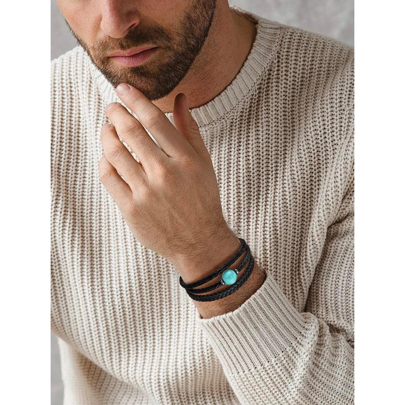 Starnny Men Turquoise Bracelet Leather Cuff Bracelet for Men 23cm