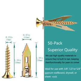 WerkaSi 100 Pcs Self Drilling Drywall Anchors with Screws Drywall Grip Anchors 50 Sheetrock Anchors 0.47x1.18 Inch and 50 Expansion Screws 0.16x1.18 Inch No Drill or Holes in Wall