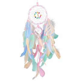 Lotsdonxia Handmade Circle Moon Dream Catcher – Indian Style Dream Catcher with Feathers Bead Wall Hanging Decor for Living Room, Bedroom, and Dormitory (Colourful)