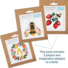 Trimits 3PK Cross Stitch Bundle – Counted Embroidery Kit, Beginner & All Level Starter Set, Complete with Instructions & Thread Children Wall Home DIY Décor – 13x13cm – Stawberries, Bee, Floral Reef