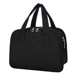 HONITTY Travel Toiletry Bag, Lightweight Puffy Makeup Bag Organizer with Handle, Large Wide-Open Cosmetic Bag for Accessories and Essentials - Colour: Black