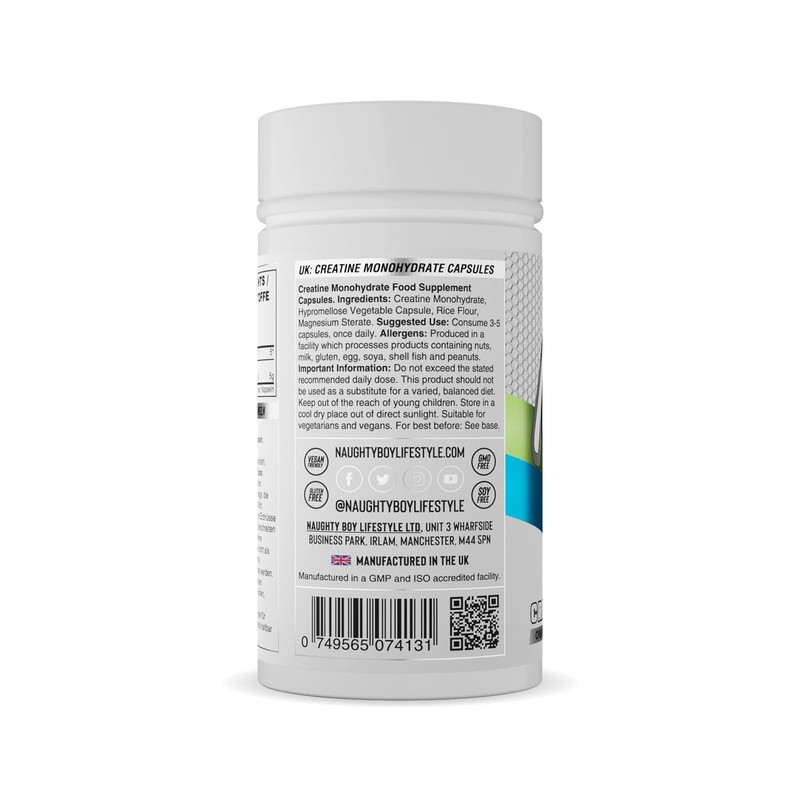 Naughty Boy Creatine Capsules, 100% Pure Creatine Monohydrate, Vegan &