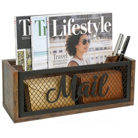 Mail Organizer Countertop, Rustic Farmhouse 2-Slot Wood & Iron Mail Holder, Retro Wall Mounted or Desk Entryway Letter Bill Envelope Sorter, No Assembly