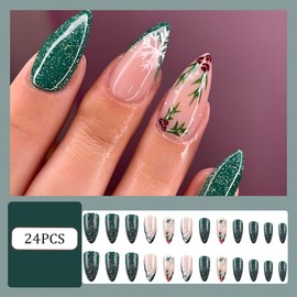 Christmas Press On Nails Almond Medium, Christmas Nails Glue On，24Pcs Christmas Fake Nails With Glue, Christmas Nails Press On With French Green Glitter Design，Stick On Nails for Women