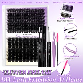 Lash Extension Kit DIY Eyelash Extension Wispy Individual Lashes Volume Lash Clusters with Lash Bond and Seal Tweezers Brush Easy to Apply at Home（100D+200D-3D-1620Mix Kit）