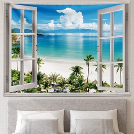 FENDROM Nature Tapestry Blue Ocean Sea Beach Wall Hanging Tropical Island Palm Tree Seaside Window for Bedroom Aesthetic Living Room College Dorm Home Decor