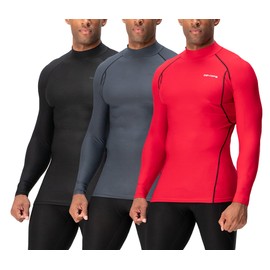DEVOPS 3 Pack Men's Athletic Turtle Neck Long Sleeve Compression Shirts (2X-Large, Black/Charcoal/Red)