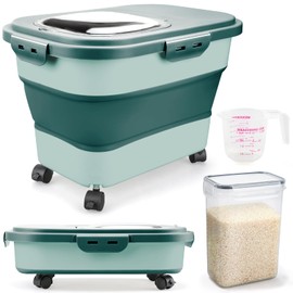 Komzon Rice Storage Containers, Collapsible 20 to 30Lbs Food Storage Bin Dispenser with Rolling Wheel and Clear Airtight Lid, BPA Free Flour, Sugar, Cereal and Dog Cat Pet food Containers