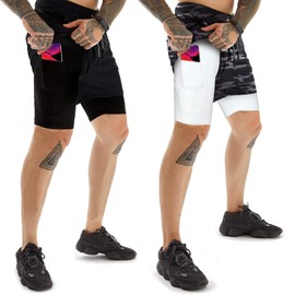 OEBLD Pantalones cortos deportivos para hombre, 2 en 1, para gimnasio, entrenamiento, correr, 7 pulgadas, con lazo para toalla, Black2+camouflage, XX-Large