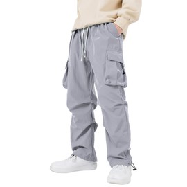 WZIKAI Men's Parachute Cargo Pants Trendy Casual Parachute Pant Baggy Drawstring Hip Hop Harem Pants with Pockets Grey L