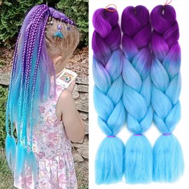 ColorfulPanda 3 packs Hair Extensions for Braiding Crochet Twist Hair Purple Blue Color,Yaki Synthetic Easy Jumbo Braids Pre-stretched African Box Braided hair 24inch,dark purple/light blue