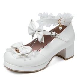 [TOKYO GOODS MARKET] Large Size with Ribbon Thick Sole Lolita Pumps Bow Strap Lolita Shoes (White, Measurement_28_point_0_centimeters)