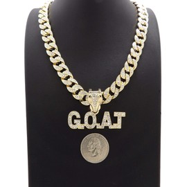 NYFASHION101 Stone Stud Goat Pendant with 10mm Iced Out Bling Miami Cuban Chain Necklace, Gold-Tone, 18"