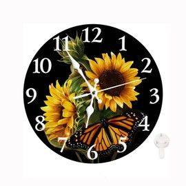 LOKMU Silent Non Ticking Clock 12 Inch, Round Wall Clock,Decorative for Living Room, Kitchen, Home,Bathroom, Bedroom, Office or School, Sunflower with Butterfly on Black