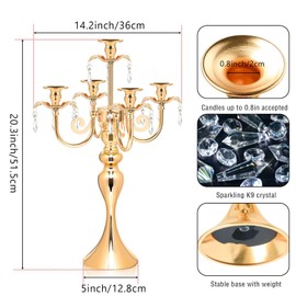 2PCS Gold 5-Arm Candelabra Centerpiece - 20.3" Tall Metal Candle Holder for Wedding, Party & Home Decor - Vintage Table Centerpiece for Events, Dining Room, Church Decorations