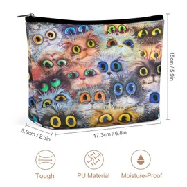 Women PU Leather Cosmetic Bag, Toiletry Storage 6.8x5.9x2.3 in Zipper Pouch Handbag Makeup Case Purse Holder Organizer Print Fluffy Cat Faces Colorful