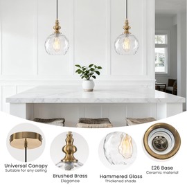Helitemis 1-Light Brushed Brass Glass Pendant Light, Adjustable Height Modern Farmhouse Hanging Light Fixture, E26 Base Dimmable Pendant Lighting for Kitchen Island Dining Room Bedroom Bathroom