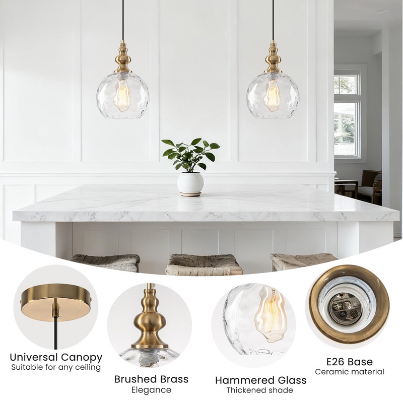 Helitemis 1-Light Brushed Brass Glass Pendant Light, Adjustable Height Modern
