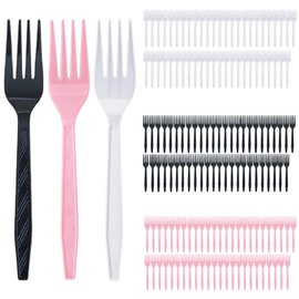 150 Pcs Plastic Forks Bulk, 6.5"/16.5cm Disposable Forks, Plastic Forks Heavy Duty for Utensils, Parties, Dinners, Catering Services, Family Gatherings, and Everyday Use(White*50, Pink*50, Black*50)