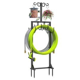 KRZKRZ Heavy Duty Garden Hose Holder for Outside - Dual Side Hooks & Shepherd Hook - Freestanding Water Hose Holder - Holds Bird Feeders/Lights/Plants - Sturdy Hose Reel for Outside