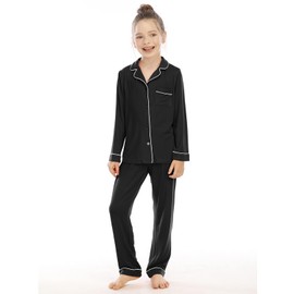 Veseacky Unisex Girls Boys Long Sleeve Sleepwear Button Down 2 Piece Pajama Set for 5-14 Years, black