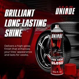 Team Unique Tire Shine Gloss – 18.6 Fl Oz (550mL) | High-Gloss Formula for Ultimate Tire Shine | Protects Against Cracking and Fading | Non-Greasy, Low-Sling Spray for Easy Application