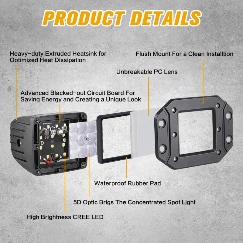 yeego_offroad Pair LED Work Lights Flush Mount Flood Cube Pods