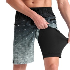 zeetoo Mens Swim Trunks with Compression Liner 9" Inseam Quick Dry Swim Shorts with Zipper Pockets Bathing Suit Gradient-Fish-Black L