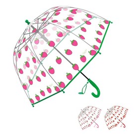 Merciband Kids clear Bubble dome type umbrella (Strawberry Green) Easy Grip Curved Handle, Safety Transparent