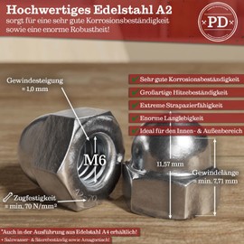 PD® Cap Nuts M6 Stainless Steel (DIN 1587) | High Quality A2 V2A Stainless Steel Cap Nuts | Protective Caps Nuts in High Shape for Screws, Threaded Rods & Threaded Bolts | Pack of 25