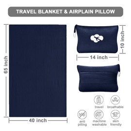 Travel Blanket and Pillow Compact, Premium Soft 2 in 1 Airplane Blanket with Soft Bag Pillowcase，Hand Luggage Sleeve and Backpack Clip (Navy)