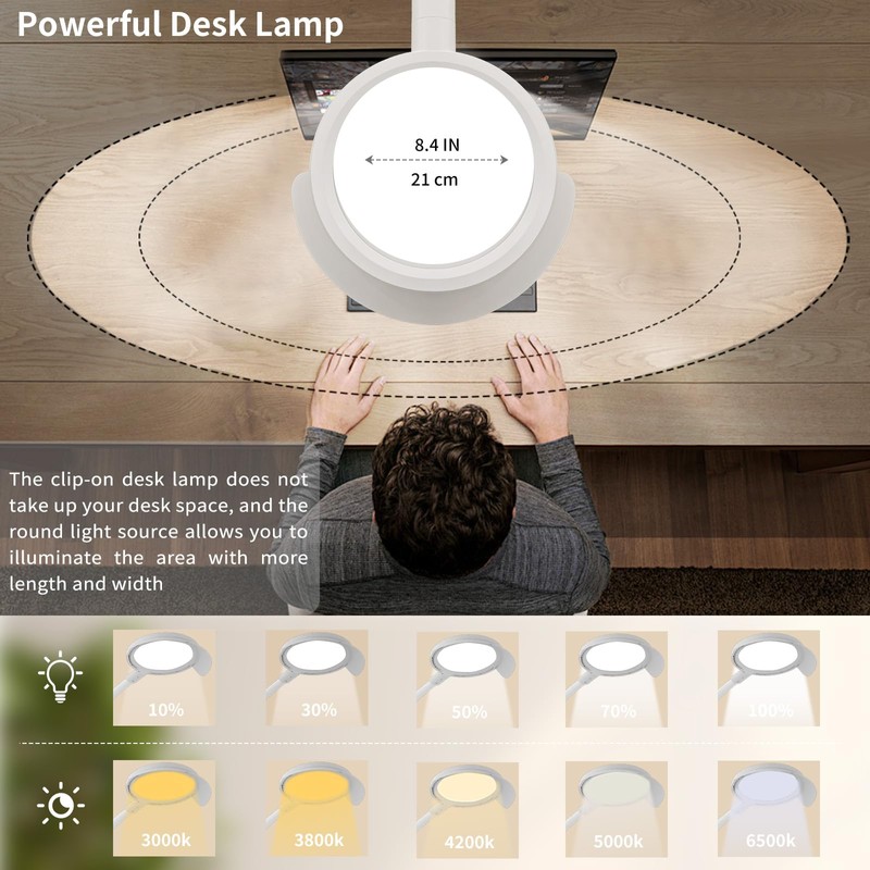 LED Desk Lamp with Clamp, Eye-Caring Desk Light with Sunshade
