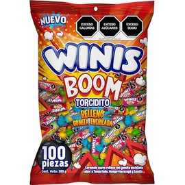 Winis Boom Torcidito Relleno Gomita Enchilada - Caramelo suave relleno de gomita enchilada sabor tamarindo, mango-maracuyá y sandía - 100 piezas - 300 g