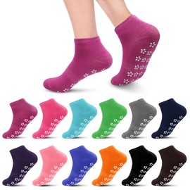 ETQSI 12 Pairs Pilate Grip Socks for Women Anti-Skid Yoga Socks with Grips Hospital Socks Solid Color Bulk Ankle Socks for home (Size: 5.5-9, Color: 12 Pairs/Sakura-multi)