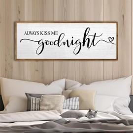 Always Kiss Me Goodnight Wall Sign 40''×15'' Vintage Master Bedroom Above Bed Farmhouse Wooden Framed Family Wall Decor for Larg Couples Over Bed Wall Art Decoration (Wood)