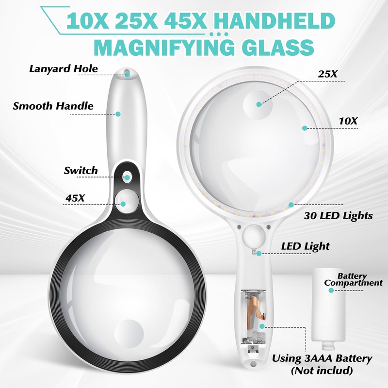 Large Magnifying Glass with Lights,10X 25X 45X Handheld Lighted Magnifier,