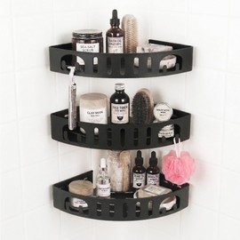 DivaDwell Depot Adhesive Corner Shower Shelf No Drill | Rust-Proof Aluminum Alloy Stick On Bathroom Organizer with Shaving Holder for Shampoo, Conditioner, Soap, Razors Black 3Pack