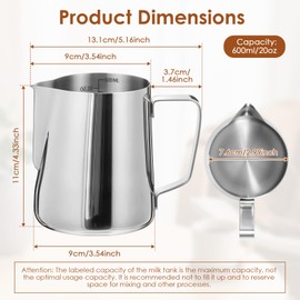 Milk Frothing Pitcher,20oz/600ml Stainless Steel Milk Jug Handheld Coffee Frothing Pitcher Barista Jug Cup with Measurement Mark for Making Cappuccino Latte Coffee Art(Silver,600ml)