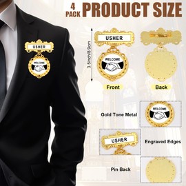 Liliaafar 4 Sets Usher Badges with 4 Pairs White Cotton Gloves Reusable Church Usher Badges Tags Welcome with Pin on Back Bulk for Church Uniform Gatherings Supplies Fancy Round Brass