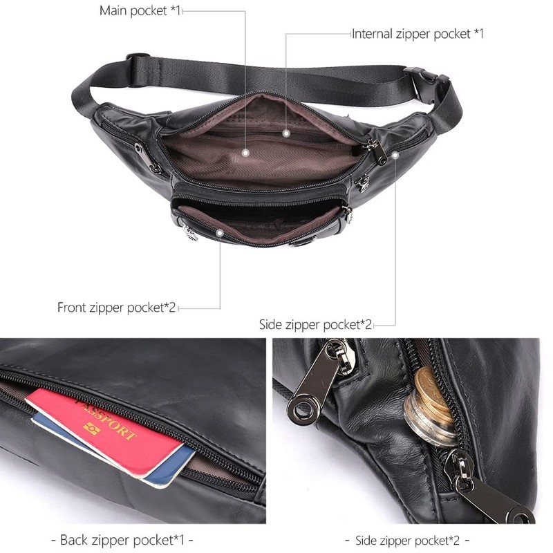 Genuine Leather Fanny Pack with 6 Zipper Pockets, Small Waist