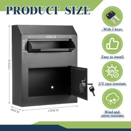 Yaocom Key Lock Mailboxes for Outside Locking Wall Mount Mailbox Security Key Drop Collection Boxes for Home Business Rent Payments, Mail, Keys, Cash, Checks 15 x 12 x 4 Inches(Black)