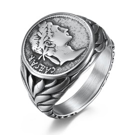 ANIEJUFI Stainless Steel Vintage Signet Rings for Men Women Roman Empire Caesar The Great Coin Statement Ring Band Silver Size 12