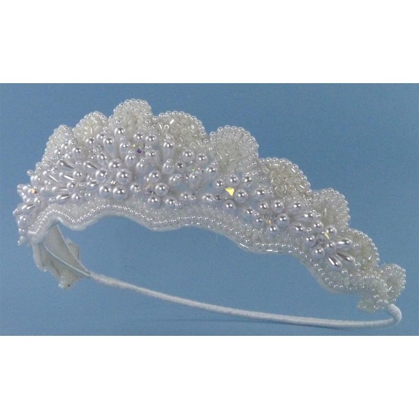 Elegant Pearly Bridal Crown Adorned with Bugle Beads and Accented with A.B. (Iridescent) Crystal Beads for Wedding, Prom, Quinceañera or Other Special Events #88DD (WHITE)