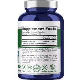 NusaPure Choline Bitartrate 650 mg.200 Veggie Capsules (Vegetarian, Non-GMO)
