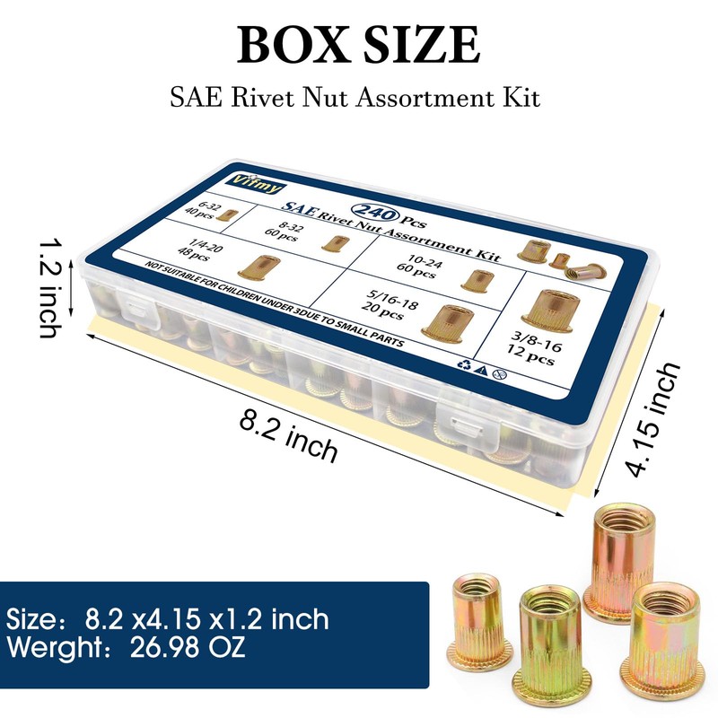 Vifmy SAE Rivet Nut Assortment Kit(240Pcs),#6-32#8-32#10-24 1/4"-20 5/16"-18 3/8"-16 UNC