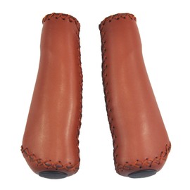 UPANBIKE Bike Grips Ergonomic Design Handmade Sewing Push On Leather Handlebar Grips (Brown/Long)
