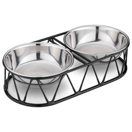 Navaris Stainless Steel Dog Bowls - Cat Food Bowls with Stand - Elevated Double Bowl and Holder for Cats & Small Dogs Raised Metal Wire Stand - Black