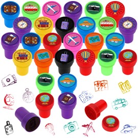 Lemicin 24 Pcs Adventure Travel Print Stamps for Kids Colorful Self Inking Stamp Mini Holiday Travel Stamps Birthday Party Favors for Boys Classroom Rewards Carnival Prizes Supplies Adventure Party