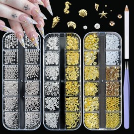 XEAOHESY 3 Boxes Gold Silver Nail Charms and Gems Ocean Nail Charms Star Nail Rivets Studs Pearls Caviar Beads for Nails Summer Starry Sky Beach Charms for Nails With Pickup Pen and Tweezers