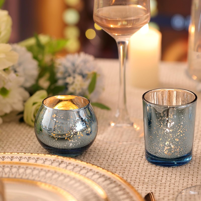 Volens Blue Votive Candle Holders Bulk, Mercury Glass Tealight Candle
